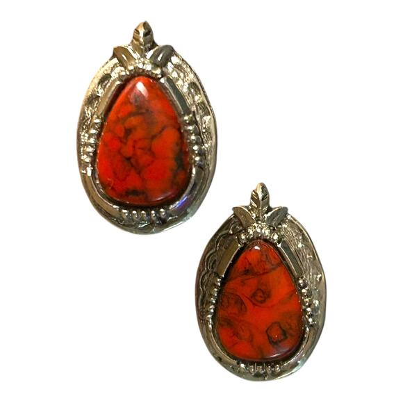 Vintage Art Arthur Pepper Clip On Earrings Faux Red Turquoise Silver Tone - Picture 2 of 6